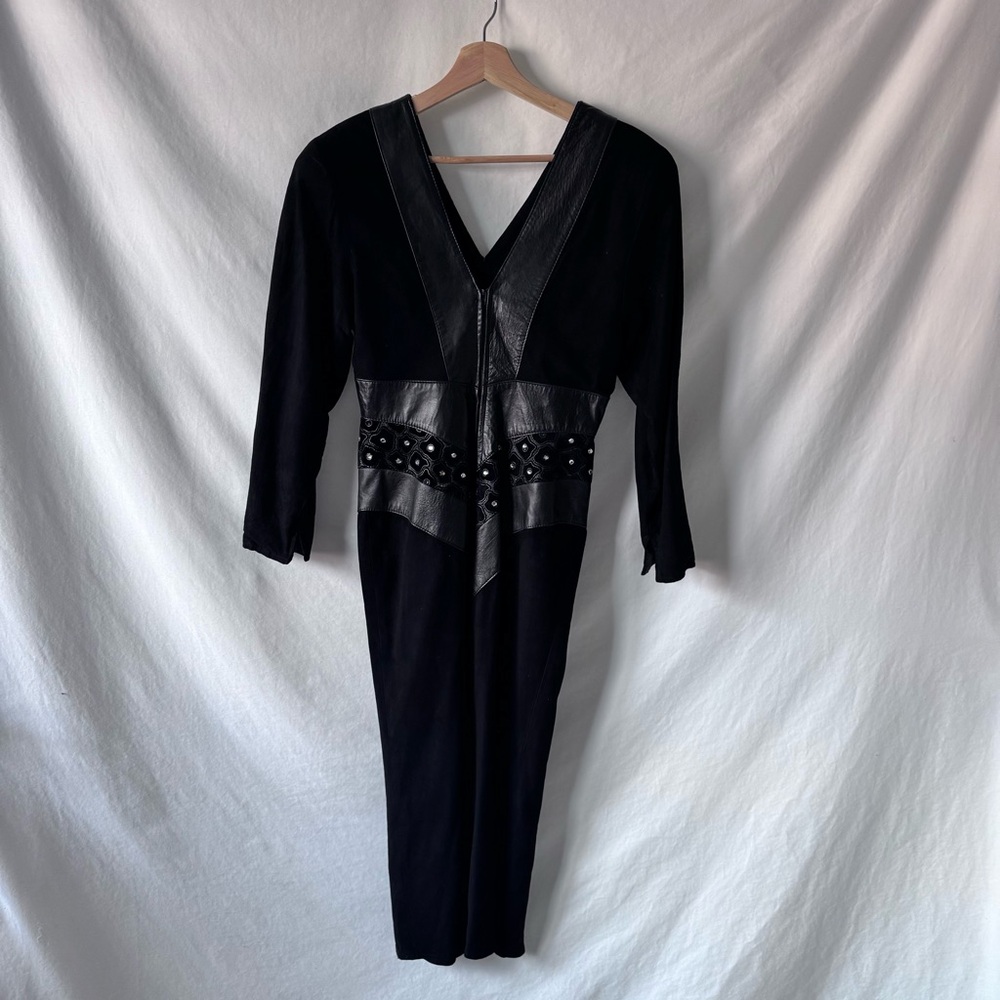 Vintage 1980s EREZ Leather Panel Evening Dress • Black Suede & Velvet • S/M - Picture 8 of 15